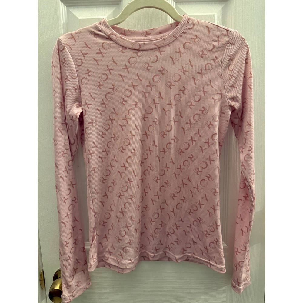 Roxy Pink Logo Print Long Sleeve Ribbed Top Women Size Small